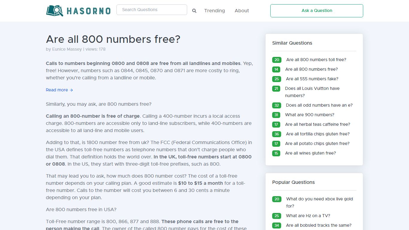 Are all 800 numbers free? | Hasorno.com